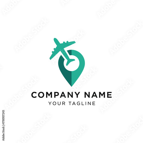 Travel and tourism logo with airplane and location pin.