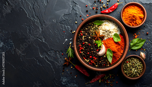 Fototapeta Naklejka Na Ścianę i Meble -  Assorted spices in ceramic bowls on dark stone background