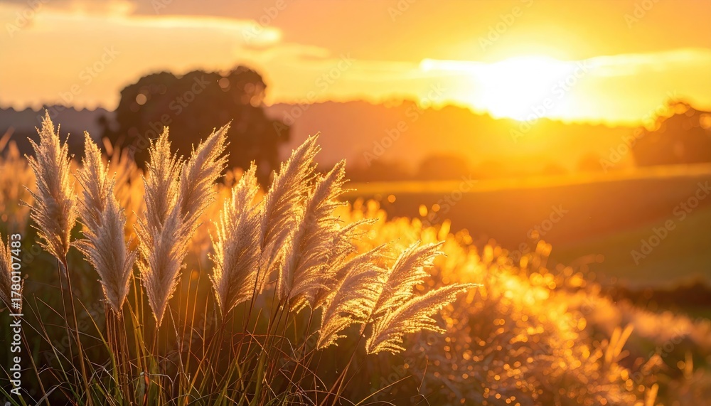Fototapeta premium Golden Hour Sunset Over Rolling Hills With Pampas Grass In The Foreground Bathed In Warm Sunlight