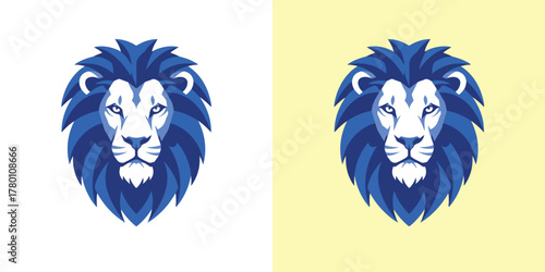 Abstract Monochromatic Blue Lion Head Logo, Flat Design Style
