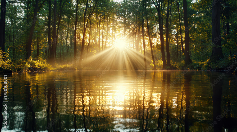 Obraz premium Golden sunlight beams through trees, reflecting on tranquil water, creating serene atmosphere