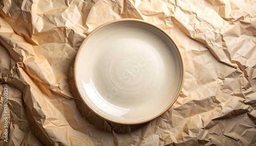 Overhead view of a textured cream colored ceramic plate centered on a background of crumpled brown craft paper with dramatic overhead lighting casting shadows