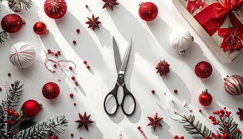 Overhead view of scissors with Christmas ornaments and decorations on a white surface with soft daylight casting shadows