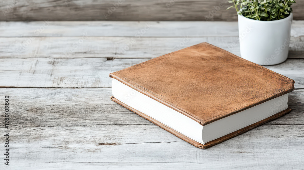 Fototapeta premium Leather journal on wooden table with potted plant, creating serene workspace atmosphere