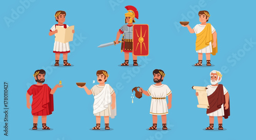 Cartoon illustration depicting seven ancient Roman men in various traditional clothing, holding items like scrolls, bowls, a sword, and a water jug.