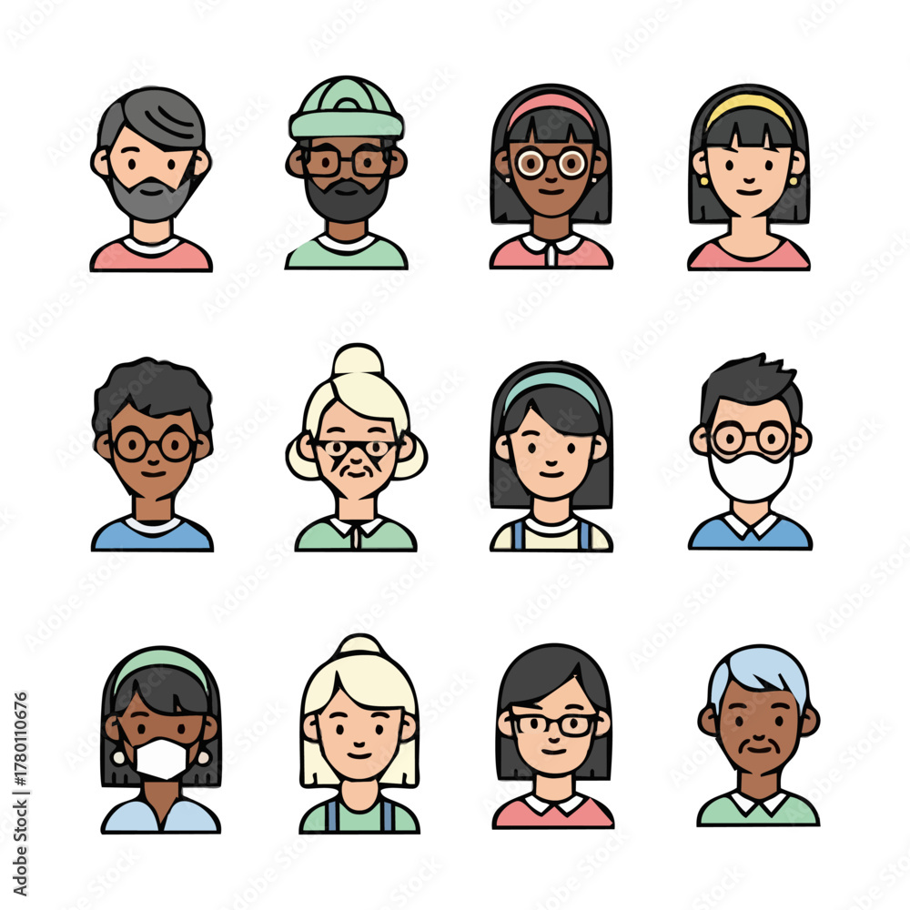 Fototapeta premium Diverse set of cartoon avatars featuring various people with different hairstyles, skin tones, and accessories.