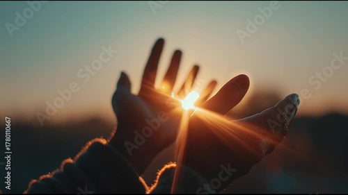 Hands lifted in prayer at sunset