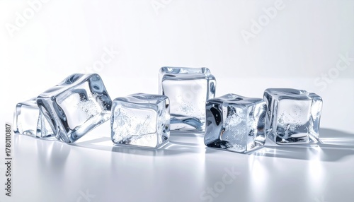 Several Clear Ice Cubes Scattered on a Reflective White Surface With Soft Shadows and Bright Studio Lighting Casting Subtle Reflections