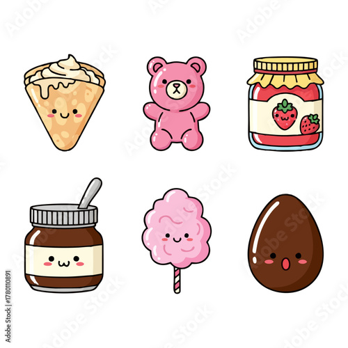 Cute cartoon sweets: crepe, teddy bear, jam, chocolate spread, cotton candy, chocolate egg.