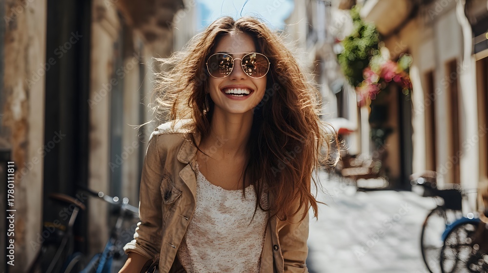 Naklejka premium A young woman with long brown hair and sunglasses smiles as she walks down a cobblestone street.