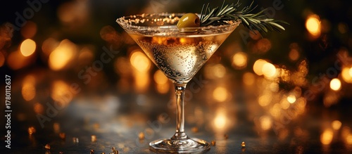 Festive Martini Cocktail with Olive and Rosemary.