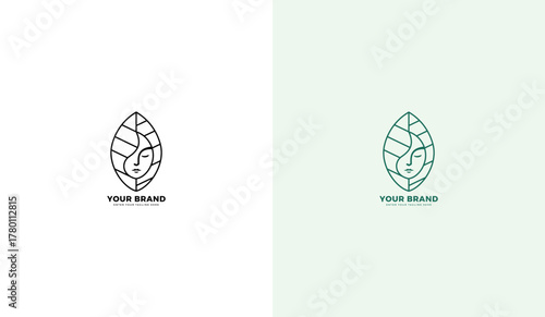 Women's beauty line logo natural leaf, healthy hair, natural women's facial beauty icon