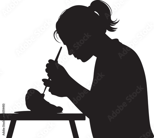Silhouette of a Person Sculpting Pottery with a Tool on a Stool Vector