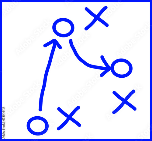 Blue strategy diagram with circles, crosses, and arrows on white background, symbolizing teamwork, planning, tactical moves, and creative strategic coordination.
