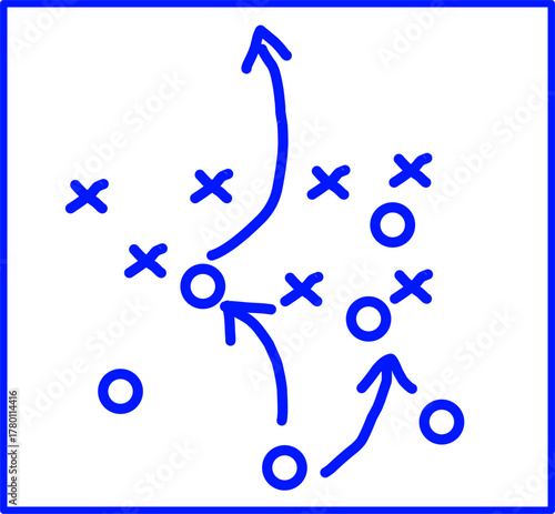 Blue strategy diagram with circles, crosses, and arrows on a white background, representing teamwork, planning, tactics, and creative strategic thinking.
