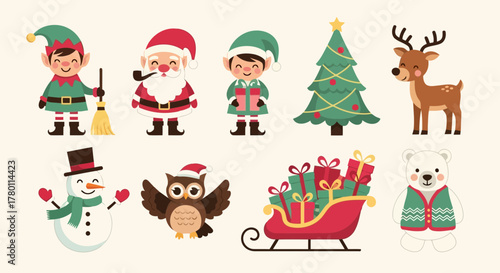 Christmas characters including santa, elf, snowman, reindeer, owl, and polar bear with gifts and tree