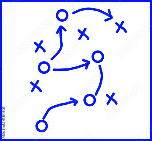 Blue strategy diagram with circles, crosses, and arrows on a white background, symbolizing teamwork, planning, tactics, and strategic thinking in sports or business.
