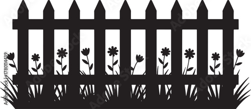 Silhouette of a Rustic Fence Bordered by Flowers and Grass Against Transparent Background