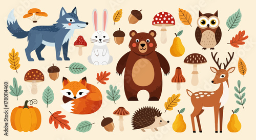 Cute cartoon woodland animals and autumn elements like mushrooms, acorns, leaves, and pumpkin, set against a light background