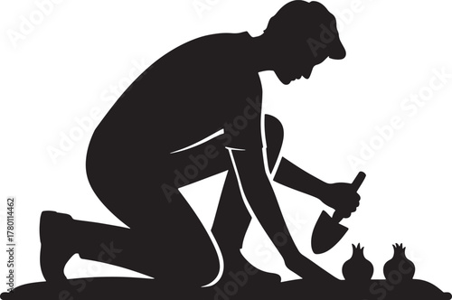 Silhouette of gardener cultivating a garden, planting with a hand trowel tool