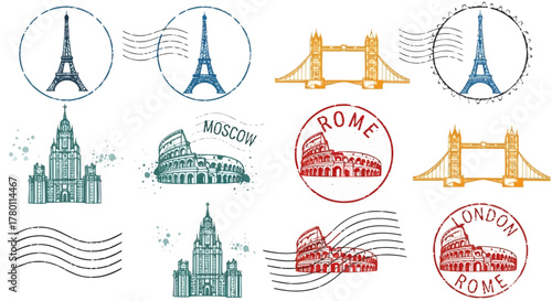 Collection of handdrawn travel stamps and postcards featuring famous landmarks from paris, london, and rome