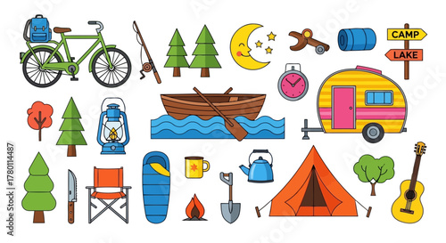 Collection of camping and outdoor recreation icons and elements, including a tent, sleeping bag, campfire, lantern, bicycle, canoe, and travel trailer, set against a