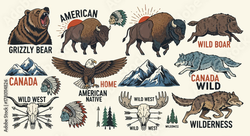 Collection of handdrawn american west elements including grizzly bear, bison, wild boar, wolf, eagle, moose skull, and native american headdresses