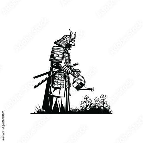 Serene Samurai Gardener Illustration Minimalist Black and White Line Art Zen Garden Flowers Japanese Warrior Aesthetic Vector Tattoo Style Bushido Calm Nature Wabi Sabi Inspired Artwork Printable Post