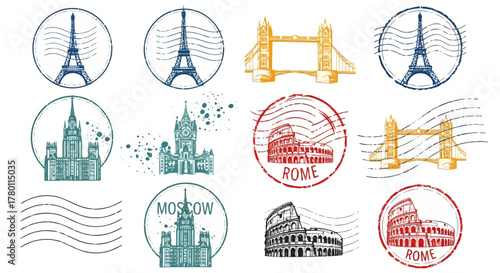 Collection of travel stamps featuring iconic landmarks like the eiffel tower, tower bridge, moscow state university, and the colosseum