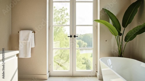 Sun-drenched modern bathroom with freestanding tub and lush outdoor view offers a serene spa retreat for luxurious relaxation and wellness