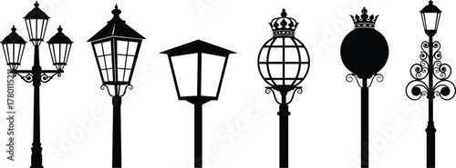 Silhouettes of ornate street lamps, vector illustration of vintage and modern outdoor lighting for urban planning and architectural inspiration