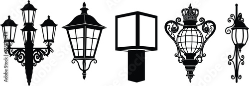 Silhouettes of vintage and modern street lamps, vector illustration of decorative outdoor lighting for urban design and architectural inspiration