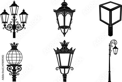 Silhouettes of vintage and modern street lamps, vector illustration of decorative outdoor lighting for urban planning and architectural design