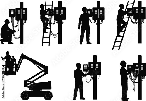 Silhouettes of utility workers servicing pole-mounted panels, vector illustration of electrical and telecom maintenance using ladders, lifts, and tools
