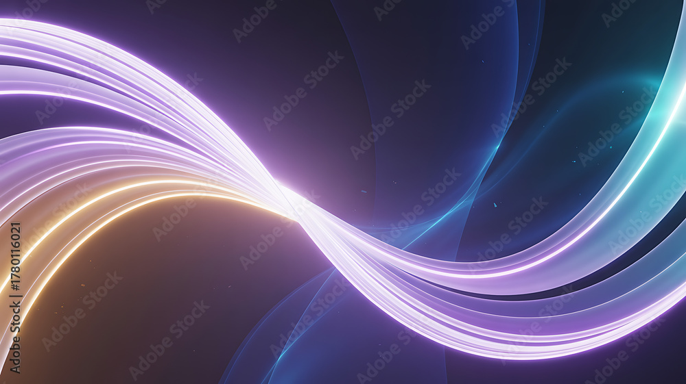 Naklejka premium Radiant Abstract Neon Swirl Background with Flowing Light Ribbons Dynamic Modern Technology or Data Concept in Purple Blue and Gold