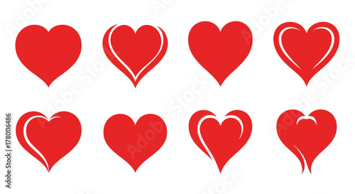 Set of eight red heart icons in different styles, some solid and some with outlines, representing love and romance