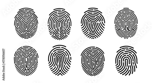 Collection of eight black fingerprint icons on a, representing identity and security
