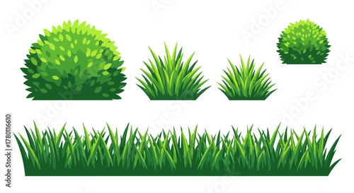 Assortment of green grass and bush elements, including a border of grass, on a