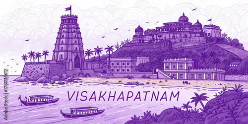 Wallpaper Mural Visakhapatnam Skyline Sketch with Kailasagiri Hill, RK Beach, and INS Kursura Submarine – Cultural Line Art for Tourism, Print, Poster, and Souvenir Use Torontodigital.ca