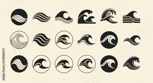 Set of stylized wave icons and symbols representing water, ocean, and sea in a minimalist black and white design, isolated on a light background