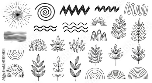 Abstract doodle elements including leaves, waves, sunburst, and geometric shapes