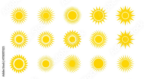 Collection of yellow sun icons with radiating rays in various styles