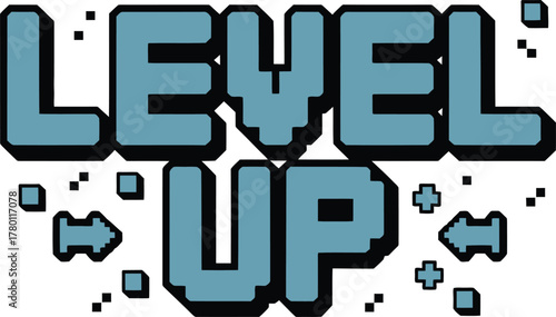Pixelated "Level Up" Text with Gaming Icons