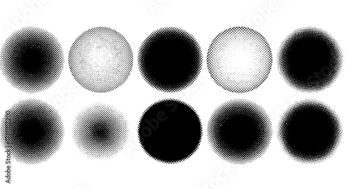 Collection of ten grunge circular brush strokes and ink splatters, abstract artistic elements