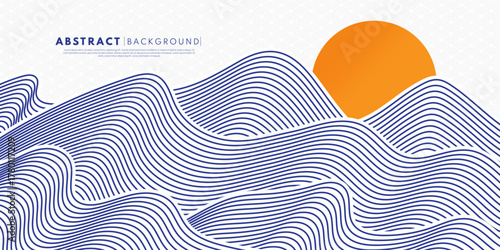 Abstract minimalist wave illustration of a sunset over the ocean. Japanese line Art. Ocean wave concept.