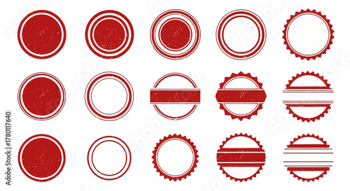 Collection of red grunge rubber stamp seals and circular frames