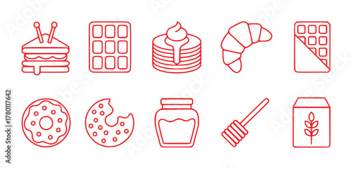Collection of Red Line Art Icons Featuring Breakfast Foods and Sweets