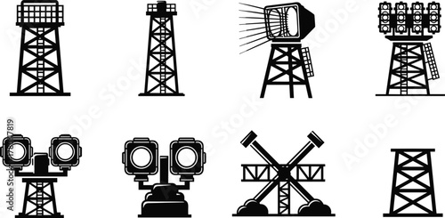 Silhouettes of communication and lighting towers, vector illustration of radar, siren, floodlight, and surveillance structures for urban infrastructure