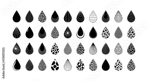 Diverse collection of fifty black and white water drop shapes with various internal patterns and textures