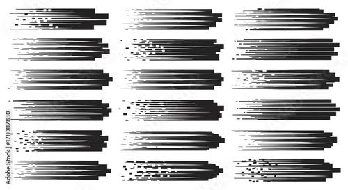 Set of eighteen abstract black brush stroke elements with a dynamic, fastmoving, and energetic appearance